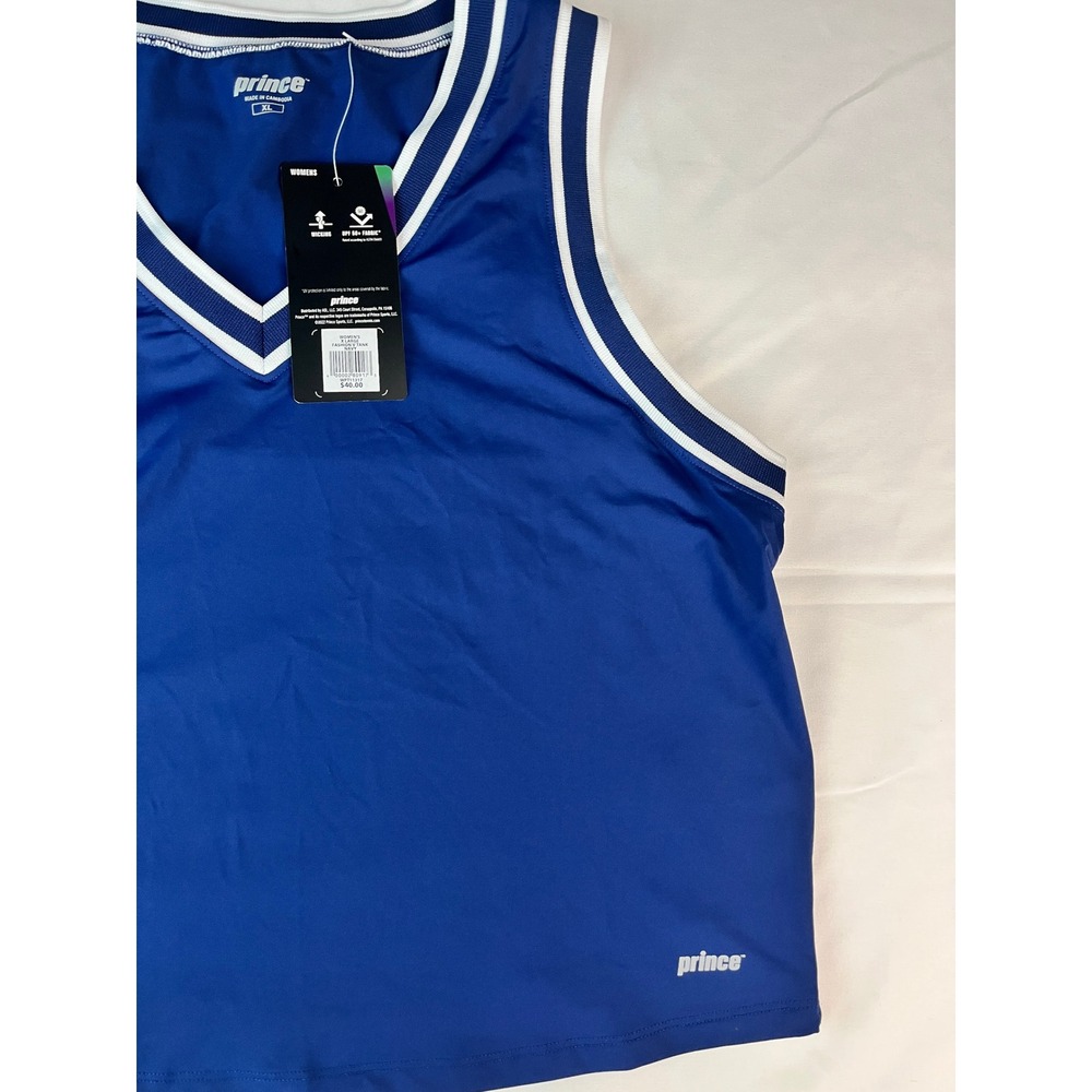Prince Womens XL Tennis Tank Top Navy Blue White Trim V Neck Sleeveless‎